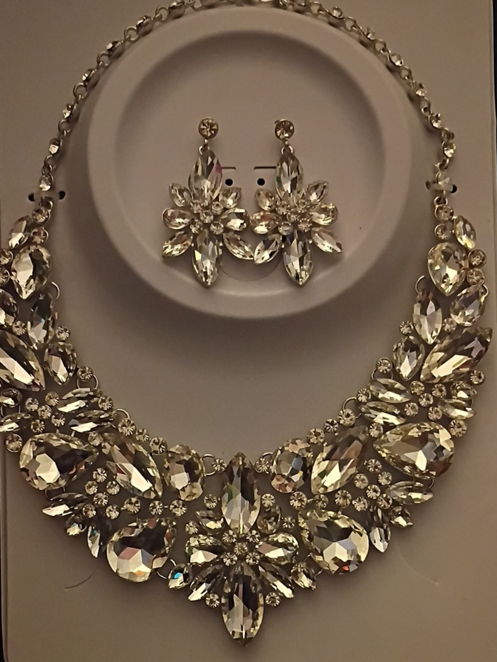 Crystal Statement Necklace and Earrings Set - Silver-Tone